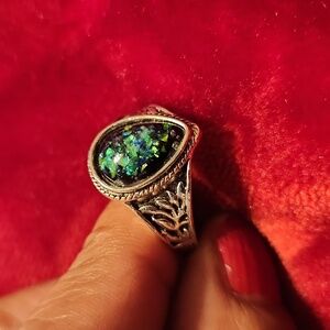 Multi Fire Dichroic Glass Oval Gemstone Handmade‎ Oxidized Ring